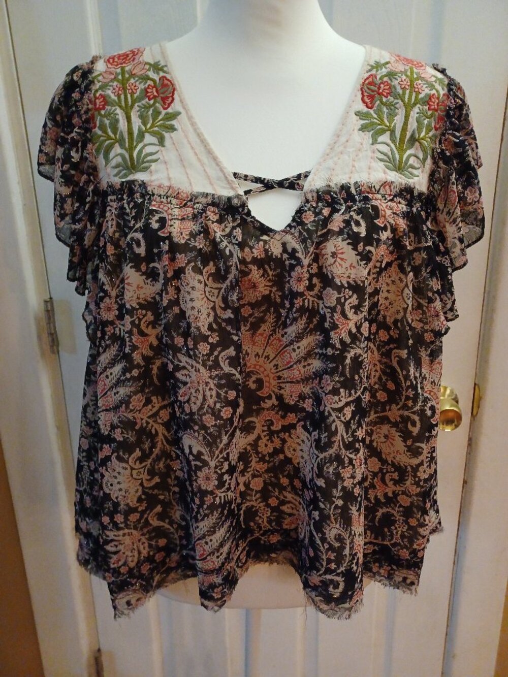 Gado Gado Boho Embroidered Floral Paisley Sheer Flutter Sleeve Top Blouse